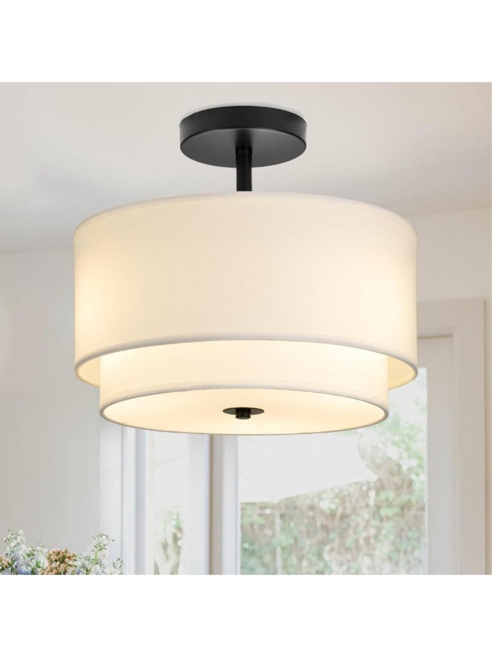 Modern 3-Light Semi Flush Mount Ceiling Light, White Drum Shade, Entryway